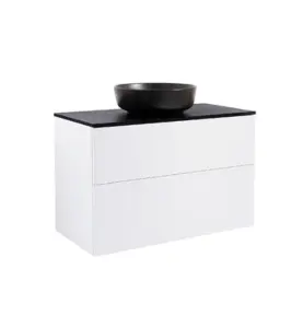 KOMMOD ISELLA 90 VIT HÖGBLANK MED SVART BÄNKSKIVA OCH RUNT SVART MATT TVÄTTSTÄLL 42CM