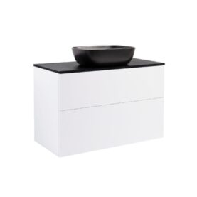 KOMMOD ISELLA 90 VIT HÖGBLANK MED SVART BÄNKSKIVA OCH REKTANGULÄRT SVART MATT TVÄTTSTÄLL 46X33