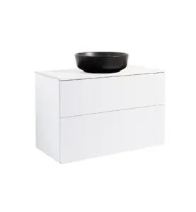 KOMMOD ISELLA 90 VIT MATT MED VIT BÄNKSKIVA OCH RUNT SVART MATT TVÄTTSTÄLL 42CM