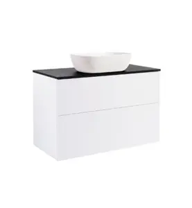 KOMMOD ISELLA 90 VIT MATT MED SVART BÄNKSKIVA OCH REKTANGULÄRT VIT MATT TVÄTTSTÄLL 46X33 CM