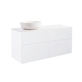 KOMMOD ISELLA 120 VIT HÖGBLANK MED VIT BÄNKSKIVA OCH RUNT VIT MATT TVÄTTSTÄLL 42CM