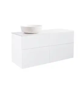 KOMMOD ISELLA 120 VIT HÖGBLANK MED VIT BÄNKSKIVA OCH RUNT VIT MATT TVÄTTSTÄLL 42CM