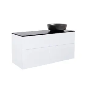 KOMMOD ISELLA 120 VIT HÖGBLANK MED SVART BÄNKSKIVA OCH RUNT SVART MATT TVÄTTSTÄLL 42CM