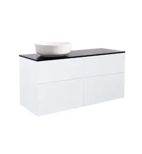 KOMMOD ISELLA 120 VIT MATT MED SVART BÄNKSKIVA OCH RUNT VIT MATT TVÄTTSTÄLL 42CM