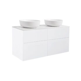 KOMMOD ISELLA 120 VIT HÖGBLANK MED VIT BÄNKSKIVA OCH 2 STK RUNT VIT MATT TVÄTTSTÄLL 42CM