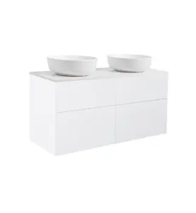 KOMMOD ISELLA 120 VIT HÖGBLANK MED VIT BÄNKSKIVA OCH 2 STK RUNT VIT MATT TVÄTTSTÄLL 42CM