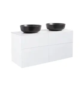 KOMMOD ISELLA 120 VIT MATT MED VIT BÄNKSKIVA OCH 2 STK RUNT SVART MATT TVÄTTSTÄLL 42CM