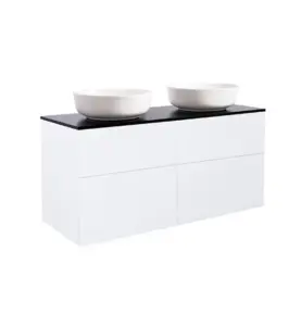 KOMMOD ISELLA 120 VIT MATT MED SVART BÄNKSKIVA OCH 2 STK RUNT VIT MATT TVÄTTSTÄLL 42CM