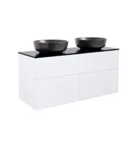 KOMMOD ISELLA 120 VIT MATT MED SVART BÄNKSKIVA OCH 2 STK RUNT SVART MATT TVÄTTSTÄLL 42CM