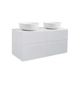 KOMMOD ISELLA 120 GRÅ MED VIT BÄNKSKIVA OCH 2 STK RUNT VIT MATT TVÄTTSTÄLL 42CM