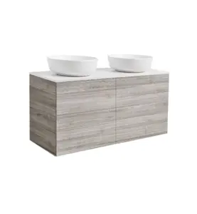 KOMMOD ISELLA 120 SAND MED VIT BÄNKSKIVA OCH 2 STK RUNT VIT MATT TVÄTTSTÄLL 42CM