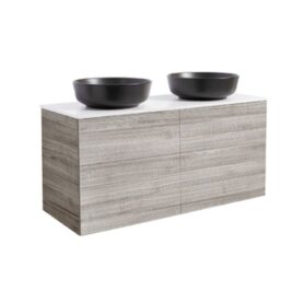 KOMMOD ISELLA 120 SAND MED VIT BÄNKSKIVA OCH 2 STK RUNT SVART MATT TVÄTTSTÄLL 42CM