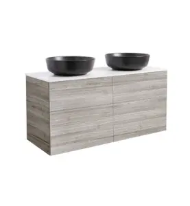 KOMMOD ISELLA 120 SAND MED VIT BÄNKSKIVA OCH 2 STK RUNT SVART MATT TVÄTTSTÄLL 42CM