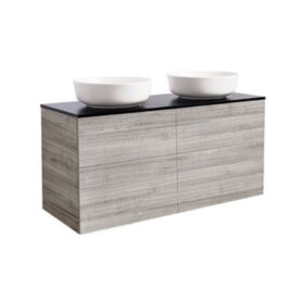 KOMMOD ISELLA 120 SAND MED SVART BÄNKSKIVA OCH 2 STK RUNT VIT MATT TVÄTTSTÄLL 42CM