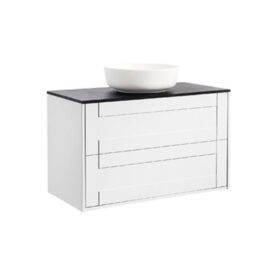 KOMMOD GABRIELLA 90 VIT MATT MED SVART BÄNKSKIVA OCH RUNT VIT MATT TVÄTTSTÄLL 42CM