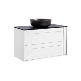 KOMMOD GABRIELLA 90 VIT MATT MED SVART BÄNKSKIVA OCH RUNT SVART MATT TVÄTTSTÄLL 42CM