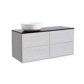 KOMMOD GABRIELLA 120 GRÅ MED SVART BÄNKSKIVA OCH RUNT VIT MATT TVÄTTSTÄLL 42CM