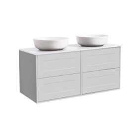 KOMMOD GABRIELLA 120 GRÅ MED VIT BÄNKSKIVA OCH 2 STK RUNT VIT MATT TVÄTTSTÄLL 42CM