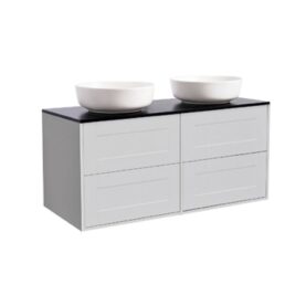 KOMMOD GABRIELLA 120 GRÅ MED SVART BÄNKSKIVA OCH 2 STK RUNT VIT MATT TVÄTTSTÄLL 42CM