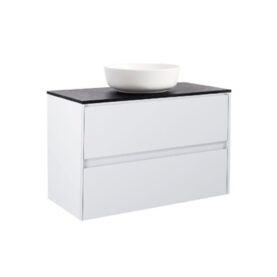 KOMMOD LUXOR 90 VIT MATT MED SVART BÄNKSKIVA OCH RUNT VIT MATT TVÄTTSTÄLL 42CM