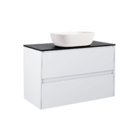 KOMMOD LUXOR 90 VIT MATT MED SVART BÄNKSKIVA OCH REKTANGULÄRT VIT MATT TVÄTTSTÄLL 46X33 CM