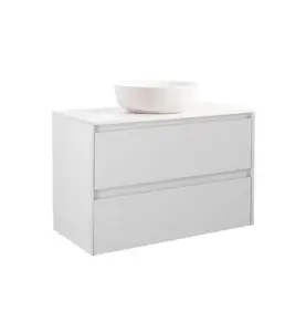 KOMMOD LUXOR 90 GRÅ MED VIT BÄNKSKIVA OCH RUNT VIT MATT TVÄTTSTÄLL 42CM