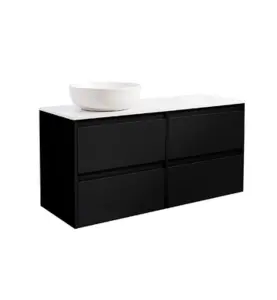 KOMMOD LUXOR 120 SVART MED VIT BÄNKSKIVA OCH RUNT VIT MATT TVÄTTSTÄLL 42CM
