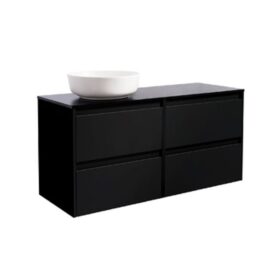 KOMMOD LUXOR 120 SVART MED SVART BÄNKSKIVA OCH RUNT VIT MATT TVÄTTSTÄLL 42CM