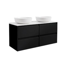 KOMMOD LUXOR 120 SVART MED VIT BÄNKSKIVA OCH 2 STK RUNT VIT MATT TVÄTTSTÄLL 42CM