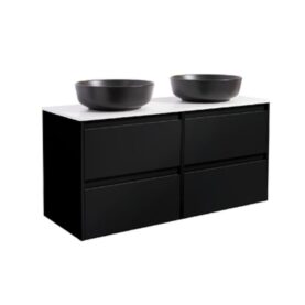 KOMMOD LUXOR 120 SVART MED VIT BÄNKSKIVA OCH 2 STK RUNT SVART MATT TVÄTTSTÄLL 42CM