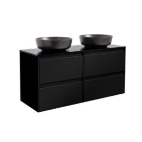 KOMMOD LUXOR 120 SVART MED SVART BÄNKSKIVA OCH 2 STK RUNT SVART MATT TVÄTTSTÄLL 42CM
