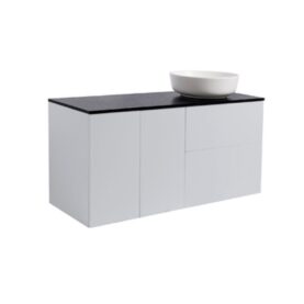 KOMMOD ISELLA 120 GRÅ (60KOMMOD+30USKÅP M TVKORG) SVART BÄNKSKIVA O RUNT VITMATT TVÄTTSTÄLL 42