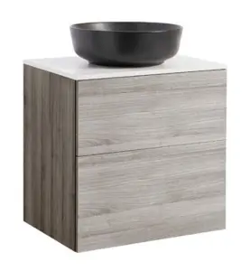 KOMMOD ISELLA 60 SAND MED VIT BÄNKSKIVA OCH RUNT SVART MATT TVÄTTSTÄLL 42CM