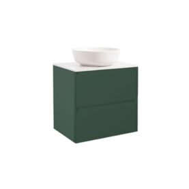 KOMMOD LUXOR 60 SKOGSGRÖN MED VIT BÄNKSKIVA OCH RUNT VIT MATT TVÄTTSTÄLL 42CM