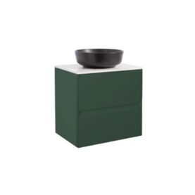 KOMMOD LUXOR 60 SKOGSGRÖN MED VIT BÄNKSKIVA OCH RUNT SVART MATT TVÄTTSTÄLL 42CM