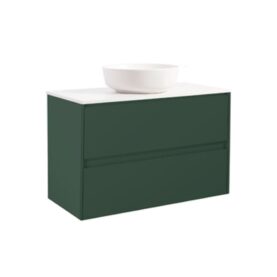KOMMOD LUXOR 90 SKOGSGRÖN MED VIT BÄNKSKIVA OCH RUNT VIT MATT TVÄTTSTÄLL 42CM