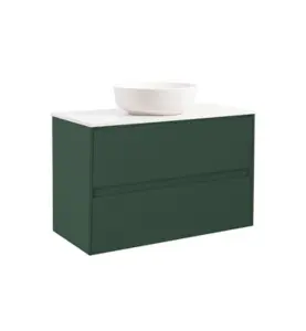 KOMMOD LUXOR 90 SKOGSGRÖN MED VIT BÄNKSKIVA OCH RUNT VIT MATT TVÄTTSTÄLL 42CM