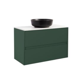 KOMMOD LUXOR 90 SKOGSGRÖN MED VIT BÄNKSKIVA OCH RUNT SVART MATT TVÄTTSTÄLL 42CM
