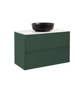 KOMMOD LUXOR 90 SKOGSGRÖN MED VIT BÄNKSKIVA OCH RUNT SVART MATT TVÄTTSTÄLL 42CM