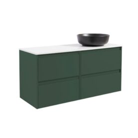 KOMMOD LUXOR 120 SKOGSGRÖN MED VIT BÄNKSKIVA OCH RUNT SVART MATT TVÄTTSTÄLL 42CM