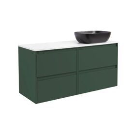 KOMMOD LUXOR 120 SKOGSGRÖN MED VIT BÄNKSKIVA OCH REKTANGULÄRT SVART MATT TVÄTTSTÄLL 46X33 CM