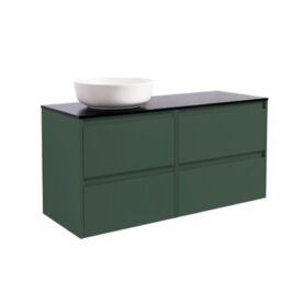 KOMMOD LUXOR 120 SKOGSGRÖN MED SVART BÄNKSKIVA OCH RUNT VIT MATT TVÄTTSTÄLL 42CM