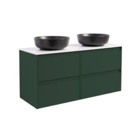 KOMMOD LUXOR 120 SKOGSGRÖN MED VIT BÄNKSKIVA OCH 2 STK RUNT SVART MATT TVÄTTSTÄLL 42CM