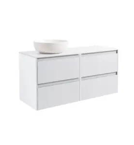 KOMMOD LUXOR 120 VIT MATT MED VIT BÄNKSKIVA OCH RUNT VIT MATT TVÄTTSTÄLL 42CM