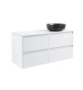 KOMMOD LUXOR 120 VIT MATT MED VIT BÄNKSKIVA OCH RUNT SVART MATT TVÄTTSTÄLL 42CM