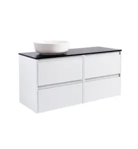KOMMOD LUXOR 120 VIT MATT MED SVART BÄNKSKIVA OCH RUNT VIT MATT TVÄTTSTÄLL 42CM