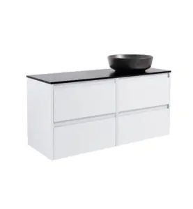 KOMMOD LUXOR 120 VIT MATT MED SVART BÄNKSKIVA OCH RUNT SVART MATT TVÄTTSTÄLL 42CM