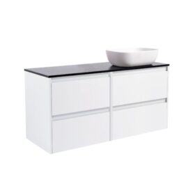 KOMMOD LUXOR 120 VIT MATT MED SVART BÄNKSKIVA OCH REKTANGULÄRT VIT MATT TVÄTTSTÄLL 46X33 CM