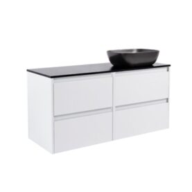 KOMMOD LUXOR 120 VIT MATT MED SVART BÄNKSKIVA OCH REKTANGULÄRT SVART MATT TVÄTTSTÄLL 46X33 CM