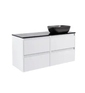KOMMOD LUXOR 120 VIT MATT MED SVART BÄNKSKIVA OCH REKTANGULÄRT SVART MATT TVÄTTSTÄLL 46X33 CM